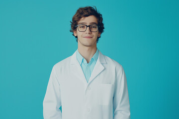 Portrait of Confident Young Medical Doctor on Blue Background Professional Healthcare Provider







