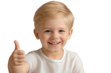A cute little boy with blonde hair, wearing a white short-sleeved shirt with blue stripes on the shoulders, is smiling happily while giving a thumbs up isolated on a transparent PNG background