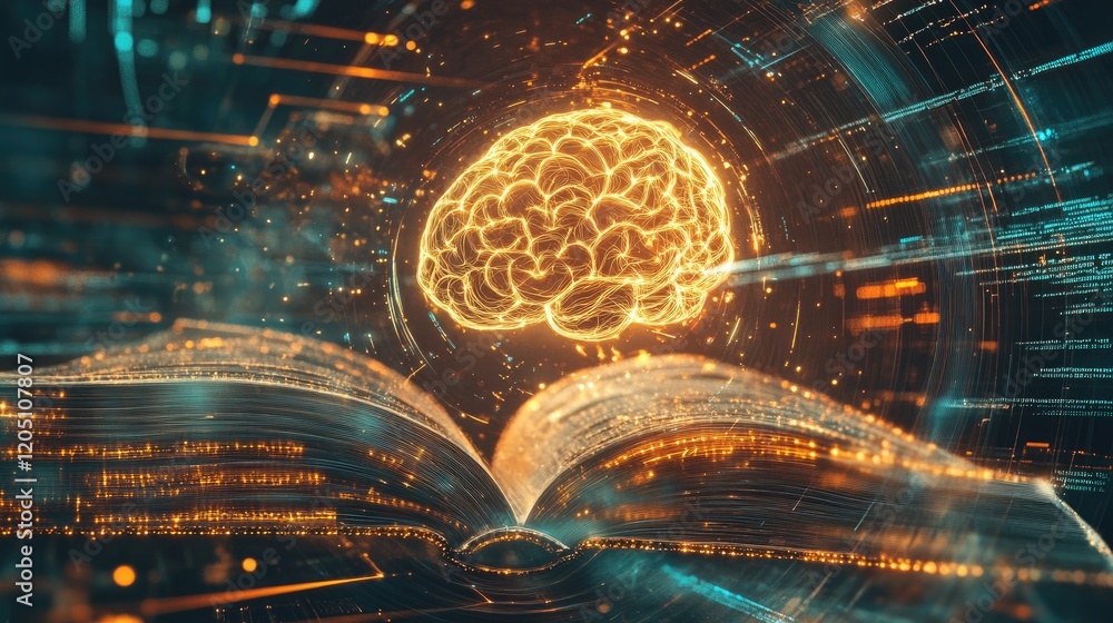 Aufkleber illuminated brain above open book representing knowledge