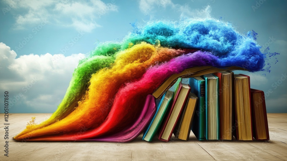 Poster rainbow colors exploding from open book pages
