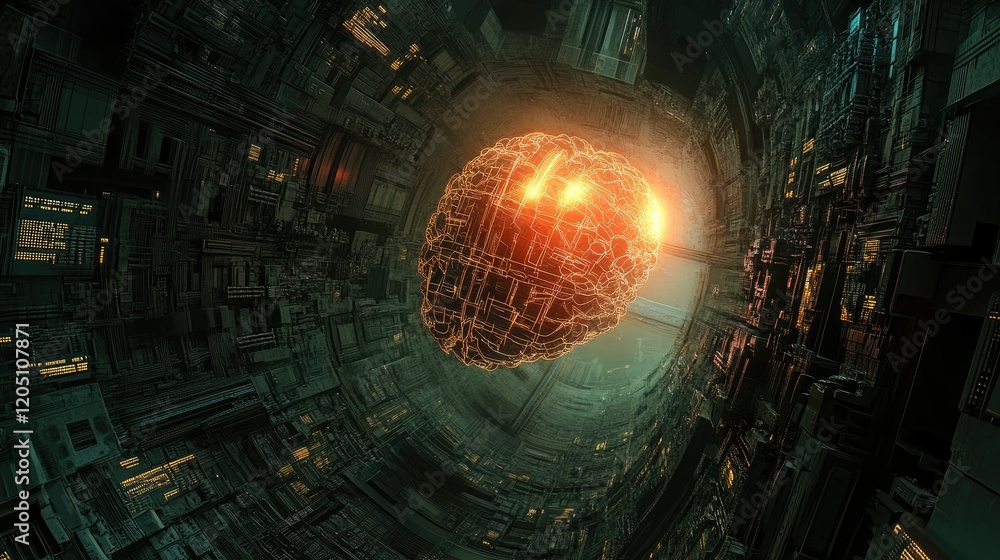 Poster glowing brain within a futuristic technological structure