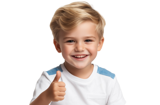 A cute little boy with blonde hair, wearing a white short-sleeved shirt with blue stripes on the shoulders, is smiling happily while giving a thumbs up isolated on a transparent PNG background