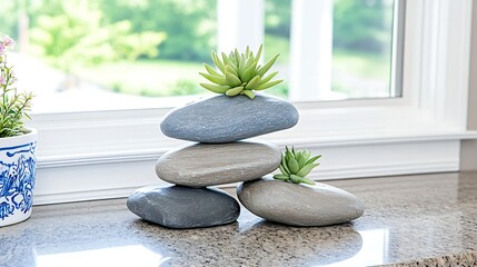 Succulents in Stone Pot  Zen Garden Decor  Windowsill Plants