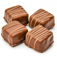 Obraz premium Delicious chocolate squares with a smooth coating and decorative drizzles, perfect for indulging in a sweet treat.