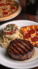 A delicious meal featuring steak, pasta, and pizza on a plate.