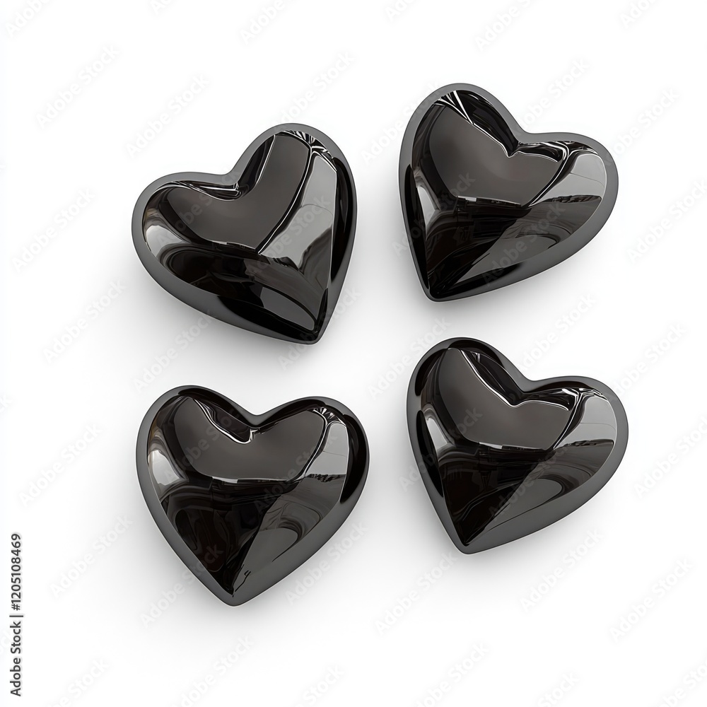 Poster four glossy black heart-shaped objects arranged neatly, creating a modern and stylish look.