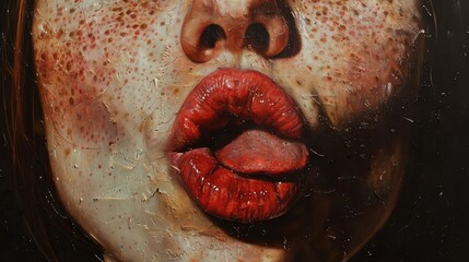 Obraz premium A close-up of a woman's lips. The woman has fair skin with freckles and red lipstick. Her lips are slightly parted and her tongue is visible.