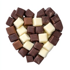 A heart shape made of assorted chocolate cubes in dark, milk, and white varieties, symbolizing love and sweetness.