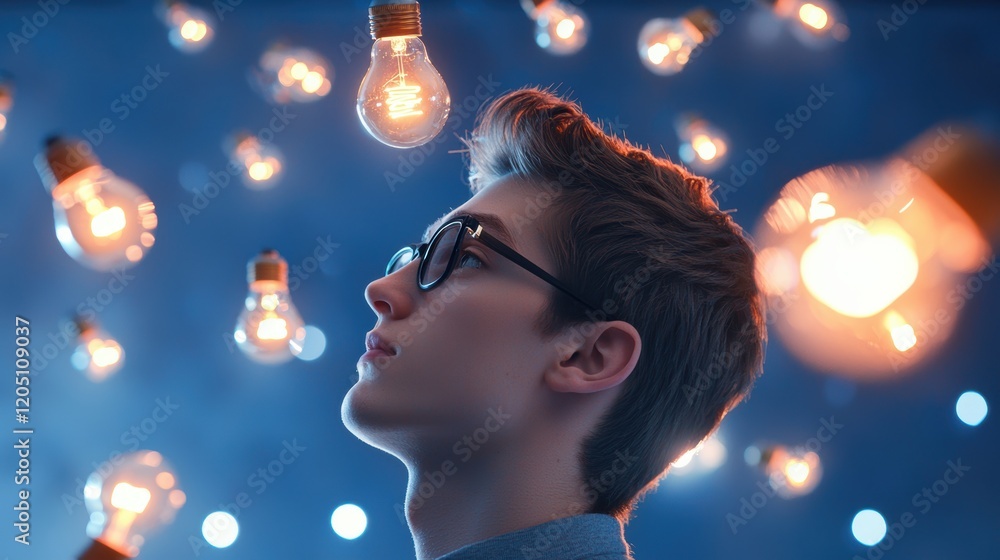 Poster brainstorming a single person deep in thought, surrounded by floating lightbulbs and scribbled notes