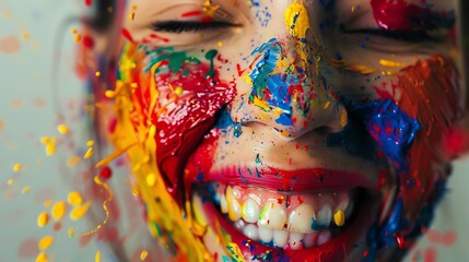 A close-up of a woman's face covered in colorful paint. She is smiling with her eyes closed.