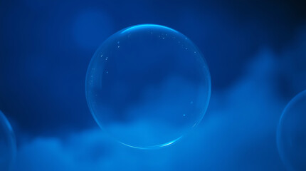 Close up  bubbles made of shampoo, lotion, detergent. Macro photo of spume on blue background. Banner with copy space for laundry, cleaning services, beauty, skin care concept