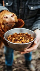 A person feeding a cow with a bowl of feed in a rustic outdoor setting.