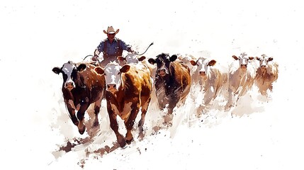 Cowboy Herding Cattle in Artistic Impression.