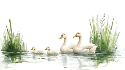 Obraz premium Serene Swan Family in a Tranquil Pond Watercolor Painting.