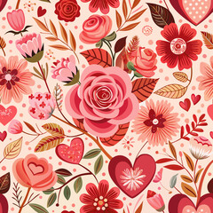 AI Generated seamless floral Valentine&rsquo;s Day pattern in soft pinks and reds for romantic and decorative projects