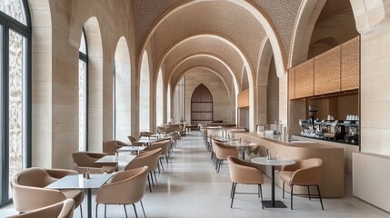 Naklejka premium Elegant cafe interior with arched ceilings and modern seating