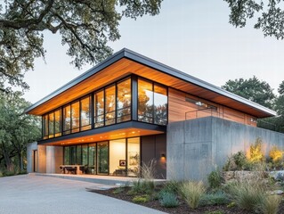 Modern Architectural Gem:  A stunning contemporary home nestled amidst lush landscaping, showcasing clean lines, expansive windows, and a blend of natural wood and concrete.