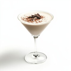A creamy white chocolate martini with a dusting of cocoa, decadent and luxurious, isolated white background