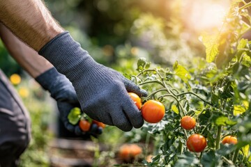 Gardener Harvesting Ripe Tomatoes in Sunlight