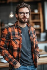 Obraz premium Casual Contemporary Fashion: Man in Plaid Shirt with Modern Eyewear in Cozy Setting