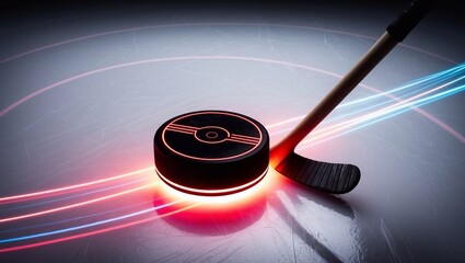 Neon hockey puck with the stick. Hockey stick strikes the puck with energy light trails. Hockey competition poster. Copy space digital background