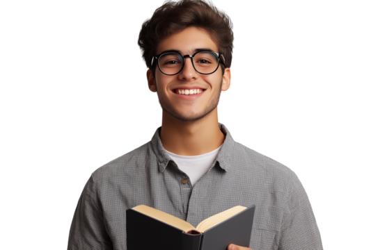 Happy young man, a student wearing glasses, holding a book, isolated on a transparent background