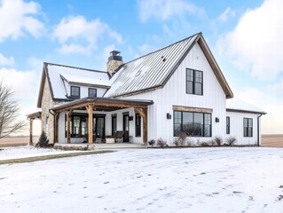 Modern Farmhouse in Winter Wonderland: A sleek and stylish modern farmhouse stands proudly against a backdrop of pristine snow and a vibrant blue sky.