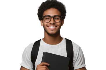 Photograph of a happy young man showing a thumbs-up gesture and wearing a black t-shirt, isolated on a transparent background