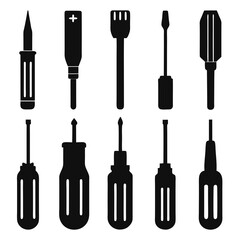 Fototapeta premium Black and White Silhouette Illustration of Various Screwdrivers