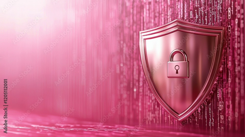Poster firewall and shield icons a metallic shield with a padlock icon in the center, superimposed over a d