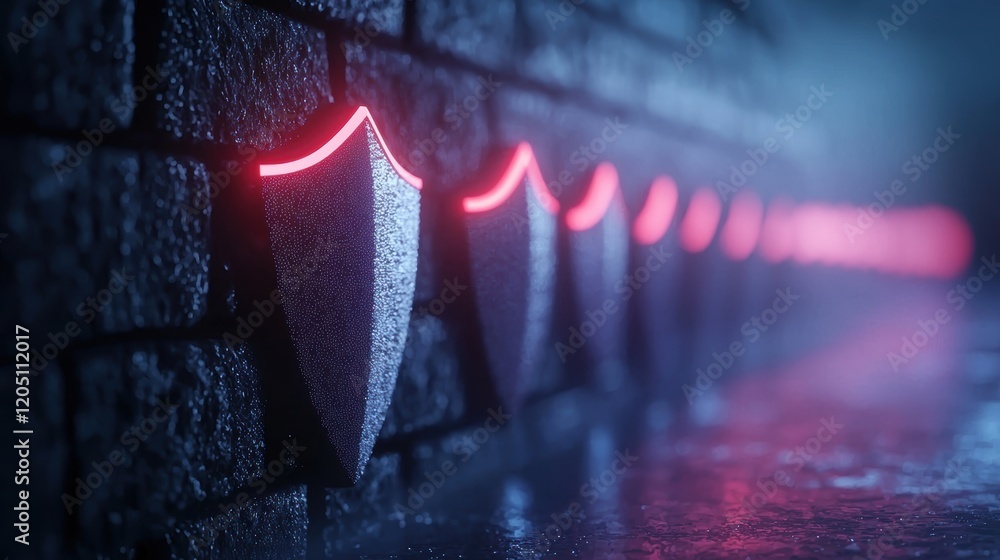 Poster firewall and shield icons a futuristic firewall interface with animated shields deflecting incoming 