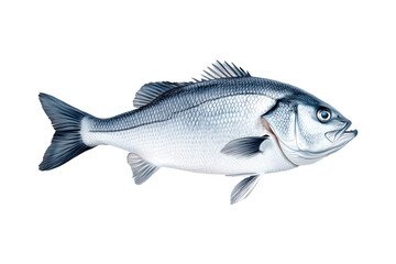 Obraz premium Silver sea bass fish isolated on white transparent background, showcasing its shiny scales and natural texture.