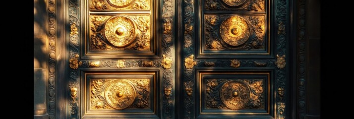 Elegant ornate door with golden accents illuminated by afternoon sunlight. Generative AI