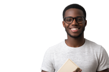 Portrait of a smiling young man, a student wearing glasses and holding a book, isolated on a transparent PNG background