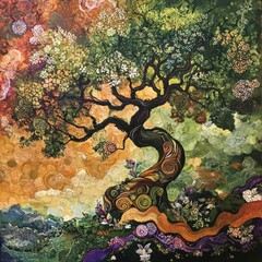 Abstract landscape art vibrant tree of life concept in a colorful nature environment