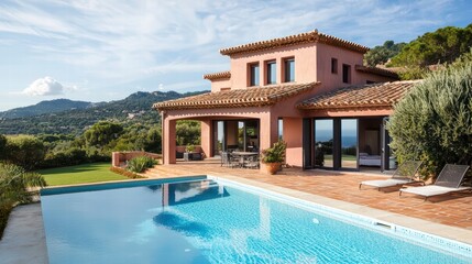 A stunning Mediterranean villa with terracotta roof and a luxurious pool, set amidst lush greenery.
