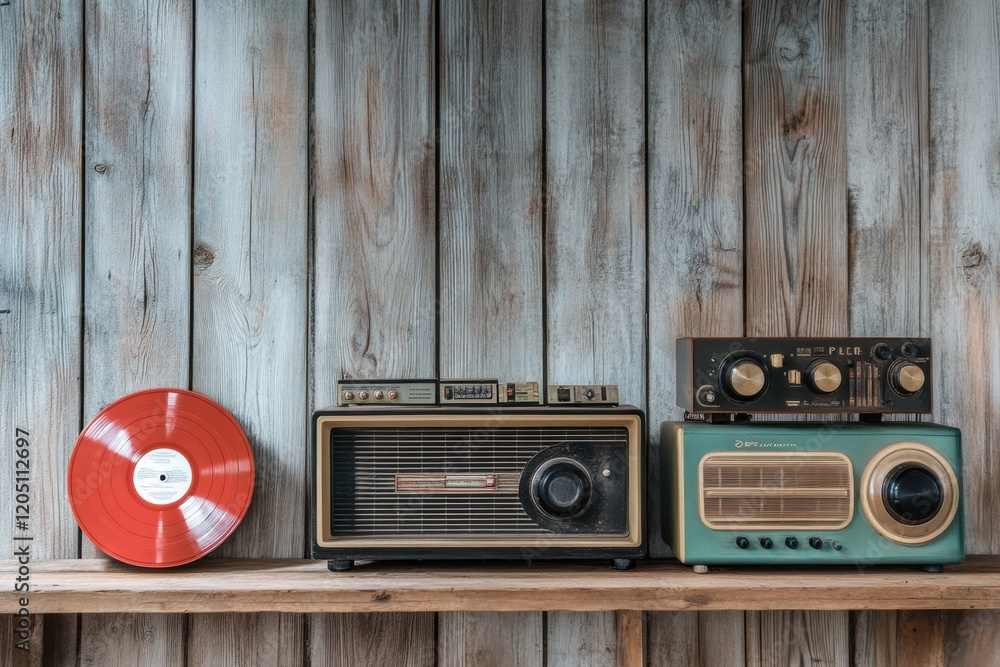 Poster vintage radios and red vinyl record displayed on wooden shelf creating a nostalgic atmosphere. gener