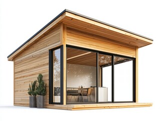 Modern Wooden Garden Studio: A sleek, modern garden studio boasts a stylish design with natural wood siding, large sliding glass doors, and a pitched roof. Perfect for a home office, yoga studio.