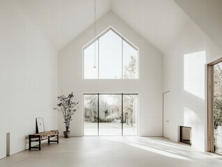 Modern Minimalist Interior Design: Light-filled open-plan living space with high ceilings, large windows showcasing a tranquil garden view, and a minimalist aesthetic.  The space features clean lines.