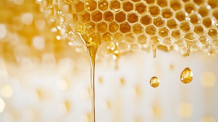 Honey dripping from honey-filled combs placed on a white background with honey spreading gently around