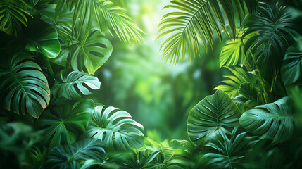 Fototapeta premium Lush green tropical leaves illuminated by soft sunlight in jungle.