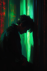A man leans against the wall, his head down in sadness and despair, illuminated by green neon lights. His posture suggests he is disheartened or sad about something, with the focus on his face.