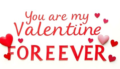 You are my Valentine forever, with bold red letters and decorative hearts in various shades of red against a soft, light background