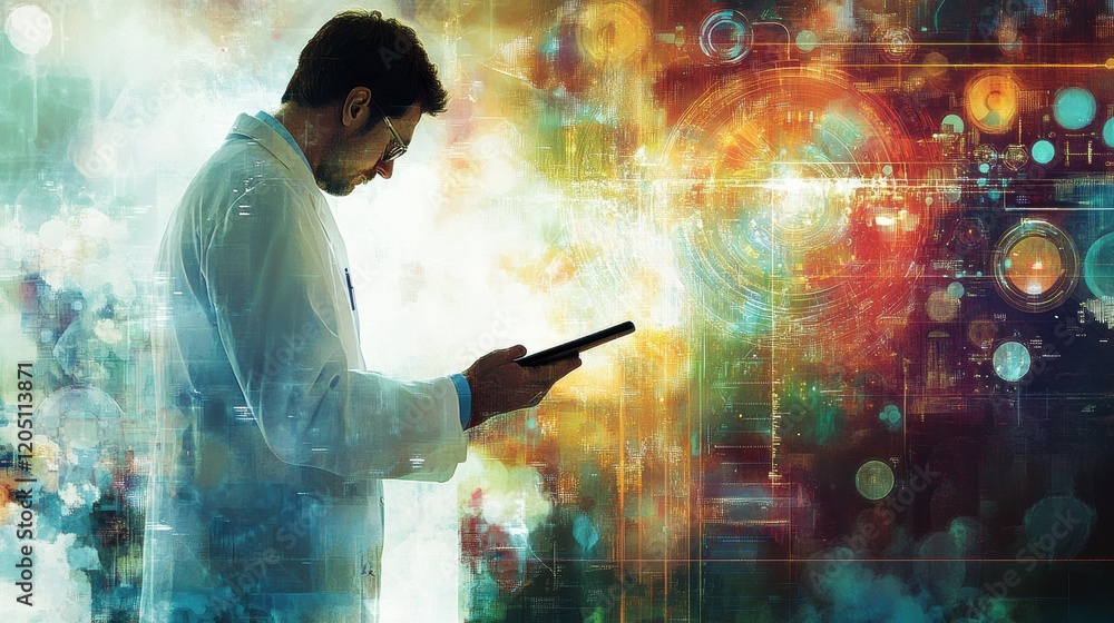 Poster scientist engaged in research with digital elements and colorful background in a lab setting. genera