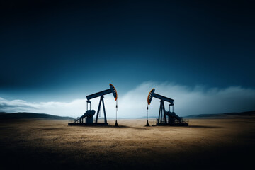 Naklejka premium Oil pumps operate in a vast, empty landscape under a dramatic sky during dusk