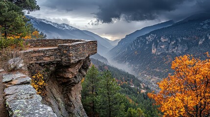 Autumn mountain vista, stone overlook, valley fog, travel brochure