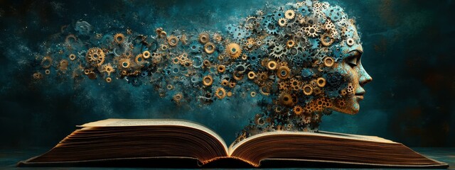Open book with gears and cogs symbolizing knowledge and creativity