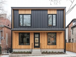 Modern Minimalist House: A sleek and stylish modern house boasts a minimalist exterior design with a striking combination of black metal siding and warm wood accents.