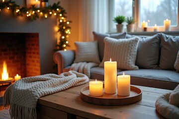 Inviting living room featuring lit candles on a wooden table, a glowing fireplace, soft blankets, and cushions. Perfect for cozy winter, holiday, or hygge-inspired concepts and promotions.