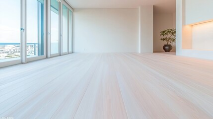 Obraz premium Open Space A living room with minimal furniture, a light wood floor, and a large abstract painting, creating a sense of calmness and spaciousness.